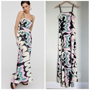 ANTHROPOLOGIE XS $328 OOPSCOOL Graphic Print Dress • Mod Floral Retro Maxi